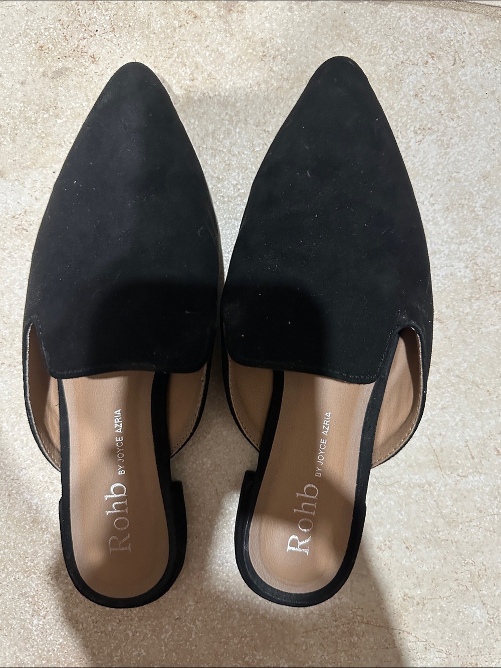 ROHB Black Pointed Backless Suede Mules